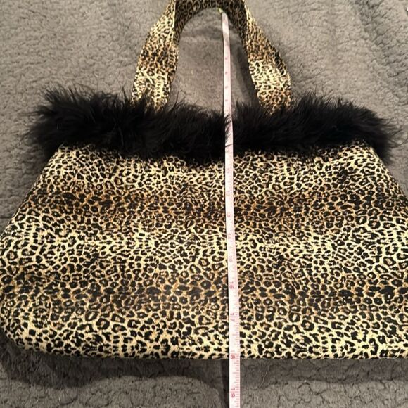 Leopard Print Tote Bag Purse Small Faix Fur Shoulder Bag Feather Fringe - Picture 7 of 8